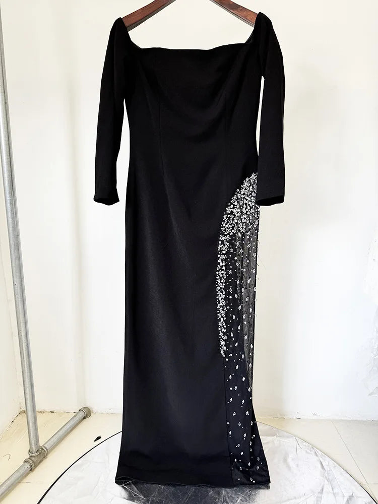 Newest 2026 Designer Vestido Women's Diamonds Beaded Slash Neck Off The Shoulders Patchwork Gauze Long Maxi Dress