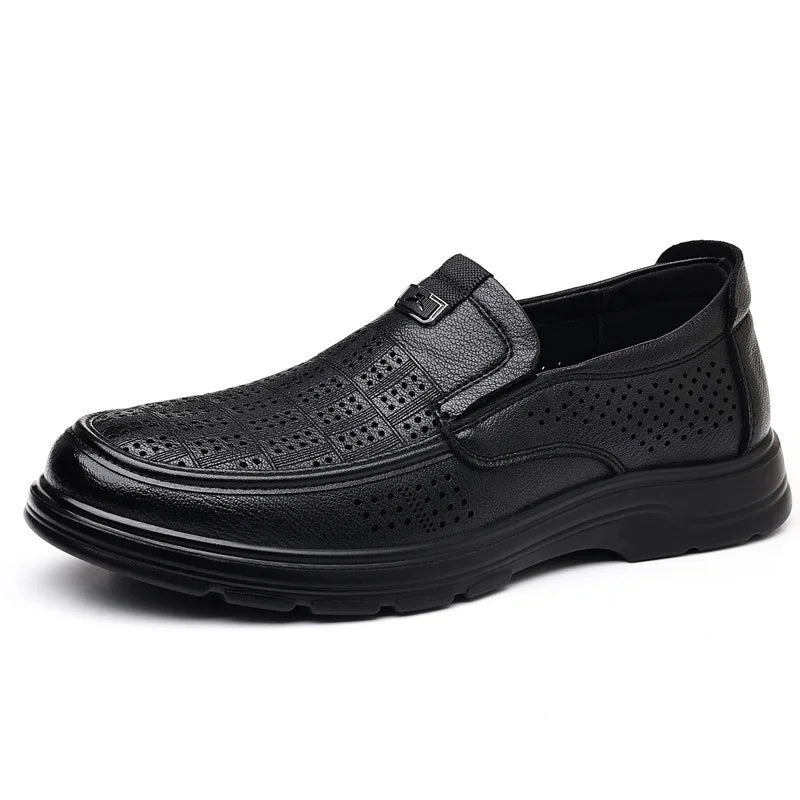 Men's Summer Breathable Leather Loafers Brown Hollow Out Slip-On Shoes Male Thick Sole Comfortable Non-slip Work Shoes for Man