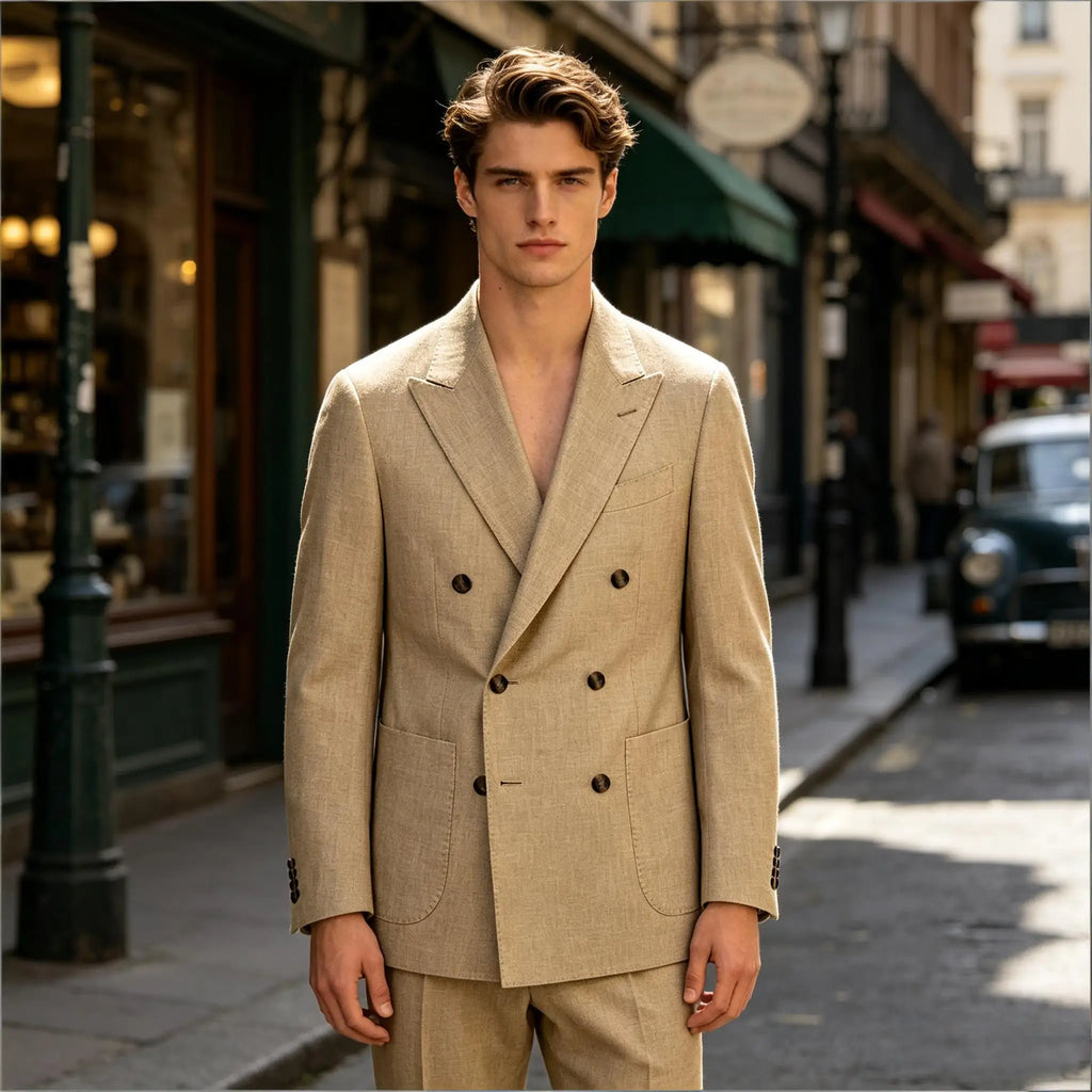 Men's Linen Double Breasted Blazer Peak Lapel Casual Business Suit Jacket With Patch Pockets For Daily Office Wear