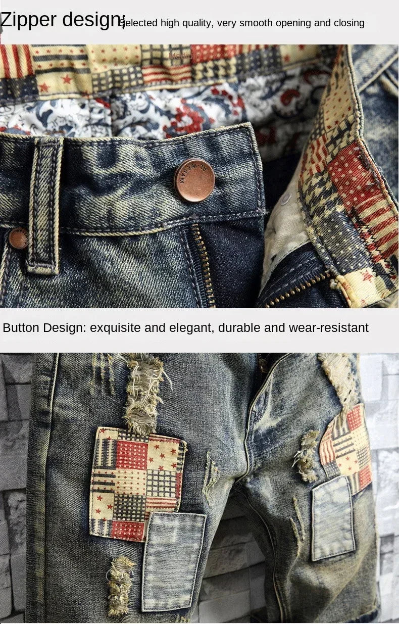 Ripped Short Jeans Men Vintage Denim Shorts Straight Hole Patch Plaid Hip Hop Fashion Knee Length Pants Streetwear