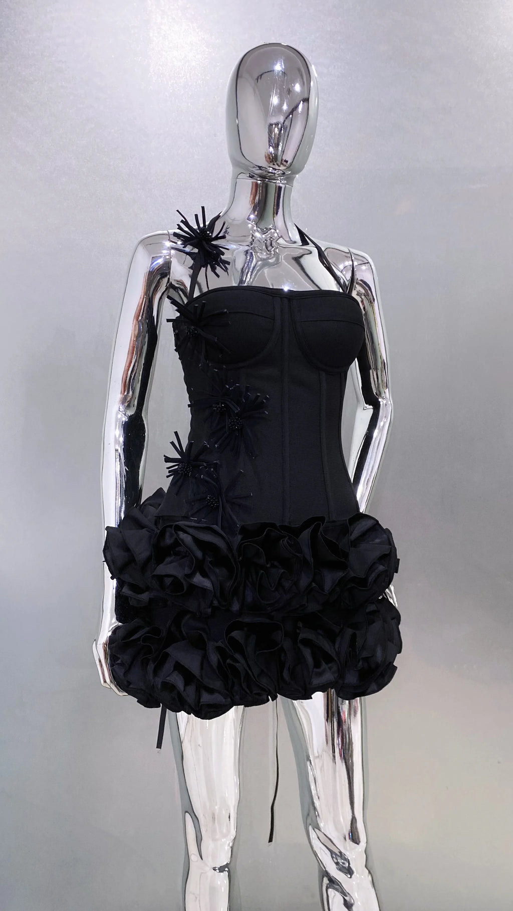 Black Red Women Sexy Strapless Laced-up Tops 2 Pieces Florals Bodycon Mini Bandage Dress Celebrate Nightclub Party Stage Wear