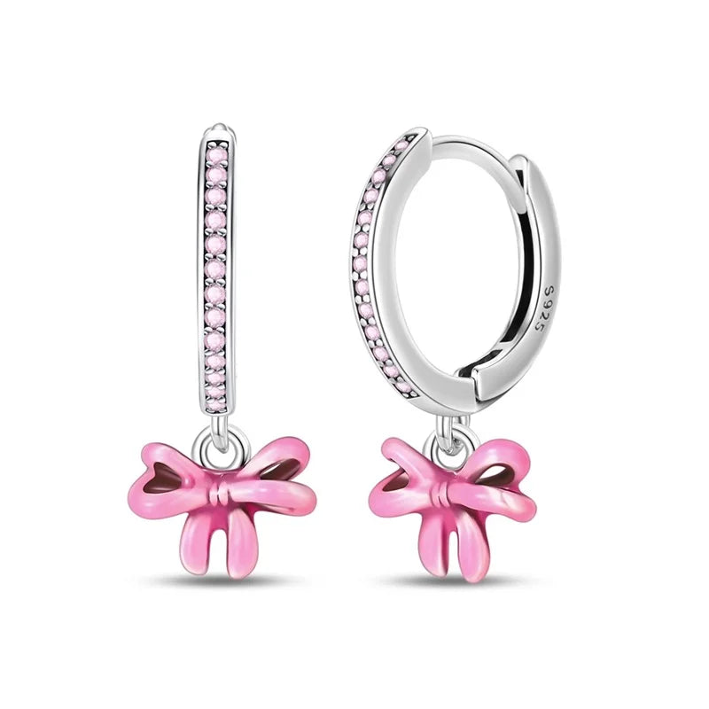 Earrings For Womens 925 Silver Color Pink Rainbow Horse Bear Bee Double Hoop Earrings Fine Engagement Anniversary Jewelry Gifts
