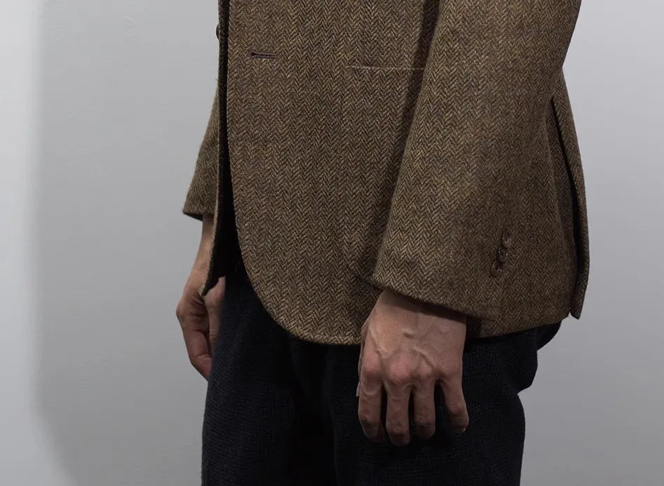 Uncle Nick's Wooster-Style Suit, Autumn and Winter Vintage Tweed Wool Herringbone Pattern Men's Blazer Suit