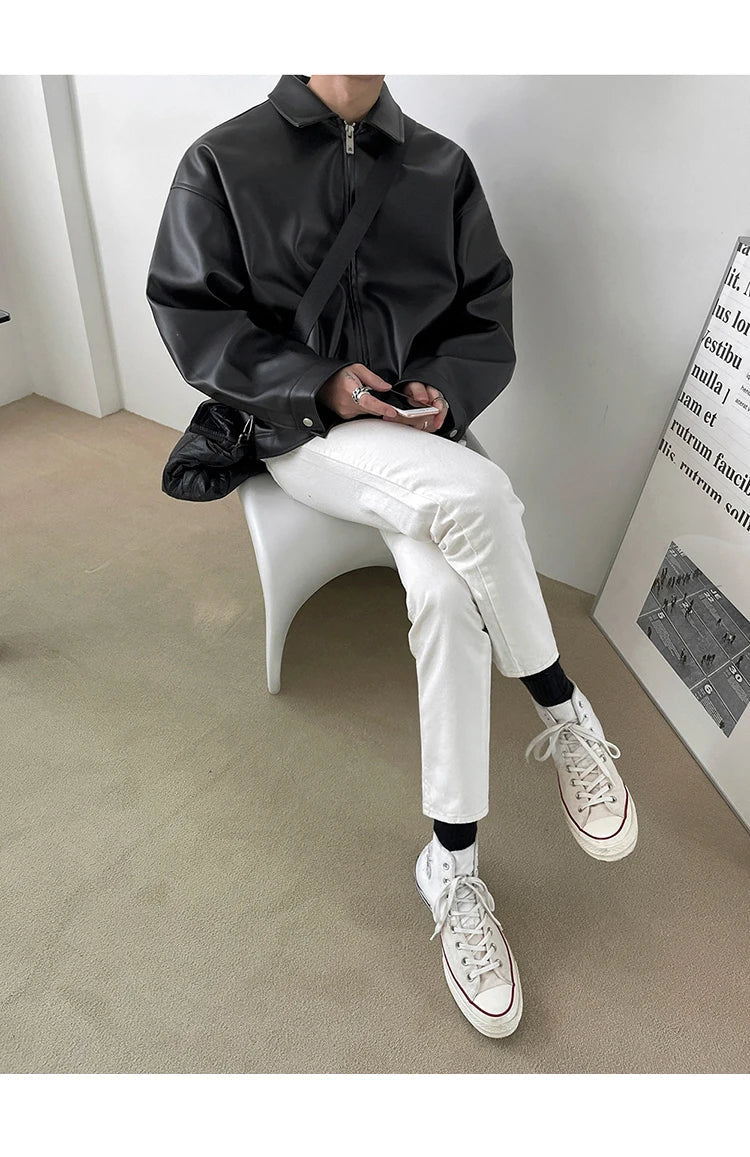 Spring Autumn Cool Luxury Short Black Soft Light Pu Leather Jacket Men Zipper Casual Mens Jackets and Coats Fashion
