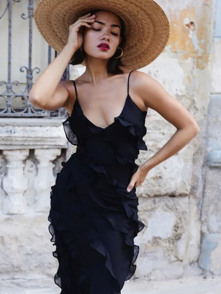 2024 Summer Fashion New Elegant Women's Sexy Chiffon Vacation Style Sling Dress with Ruffle Edge Style Long Dress