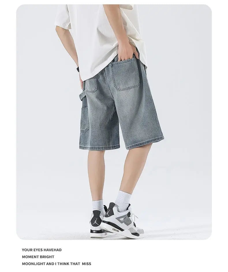 Men's Baggy Cargo Shorts Summer New Fashion Drawstring Straight Casual Jeans Streetwear Pocket Splicing Male Short Pants