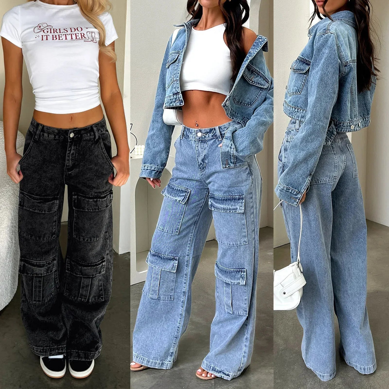 Fashionable Retro Washed Straight Leg Workwear Jeans