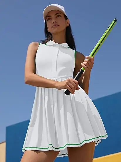 Women Tennis Dress Polo Half Zipper Pleated with Built in Bra Separate Shorts One-Piece Slim Fit with Pockets Golf Dress