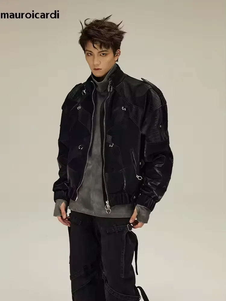 Spring Autumn Cool Handsome Crocodile Print Patchwork Pu Leather Jacket Men Color Block Luxury Designer Clothes 2024