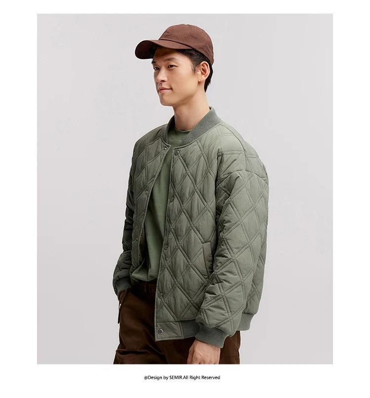Cotton Jacket Men 2024 Winter New Slightly Wrinkled Quilted Rhombus Texture Thin Baseball Trendy Cotton Jacket