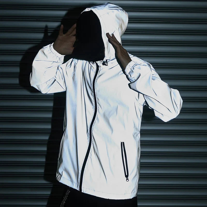 Night Reflective Clothes Spring New Men's Hooded Jacket Outdoor Run Casual Windproof Coat Couples Hip-hop Streetwear S-5XL