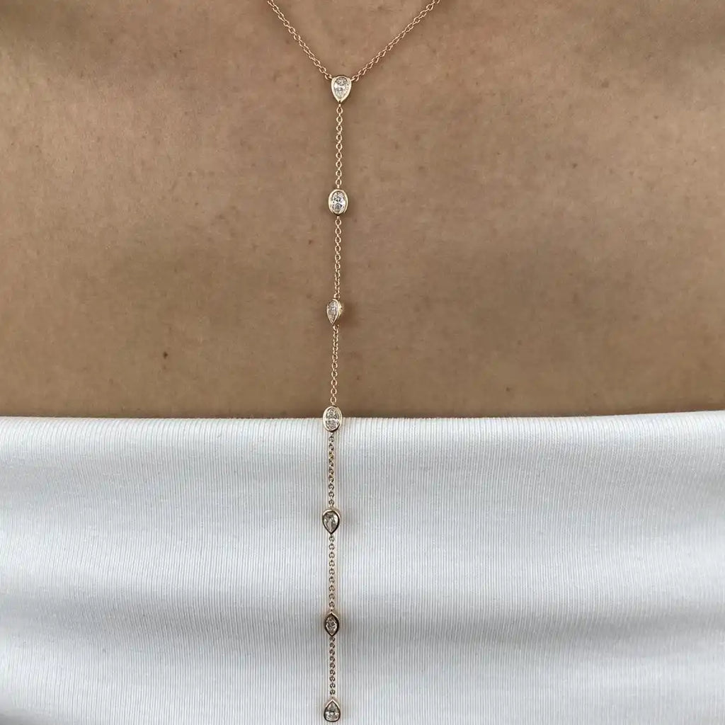 Multi Shape Moissanite Lariat Necklace for Women S925 Silver Bezel Set Pear/Oval Marquise Diamond Long Tassel Drop Necklace