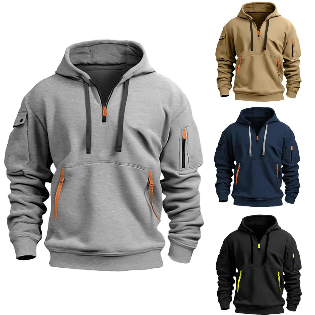 قميص سويت شيرت بقبعة من الصوف بسحاب وجيوب متعددة جديد لعام 2025 للرجال والنساء مقاس كبير فضفاض وعصري