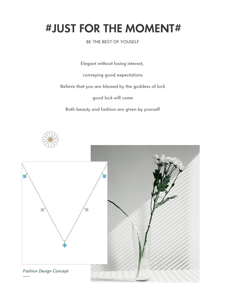 Real 925 Sterling Silver Fashion Stunning Turquoise Link Chain Charm Necklace For Women Daily Fine Jewelry