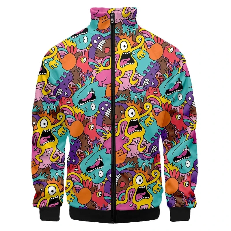 Colorful Monster Graffiti Art Men's Plus Size 3D Jacket Sportswear Spring Stand-up Collar Zipper Sweater Baseball Jacket Men's