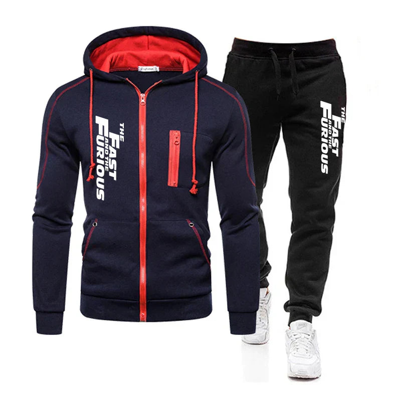 Autumn Winter Popular Mens Tracksuit Zipper Hooded Jacket+Running Pants 2 Piece Set Fast and Furious Print Casual Coat Clothing