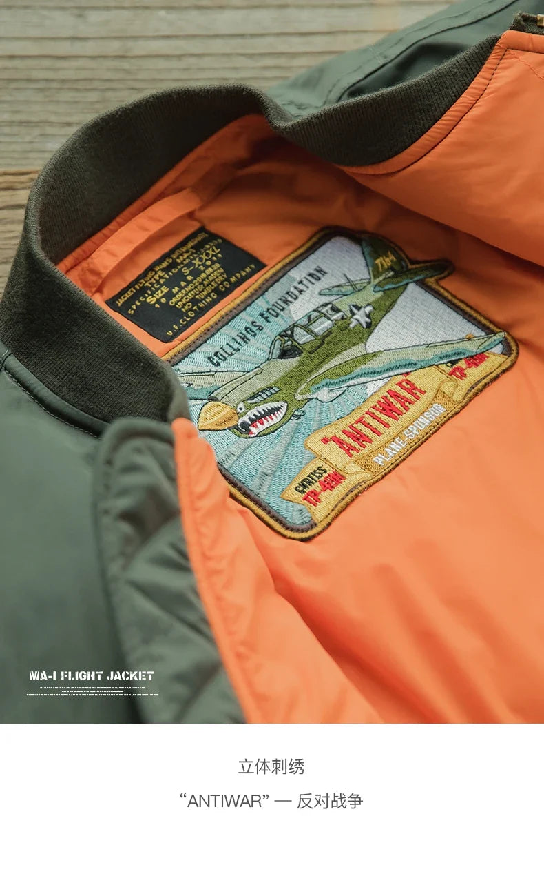 Vintage MA1 Pilot Jacket Green Thickened Cotton-padded Jacket Casual Baseball Pockets Flight Zipper Outwear for Men's Fall