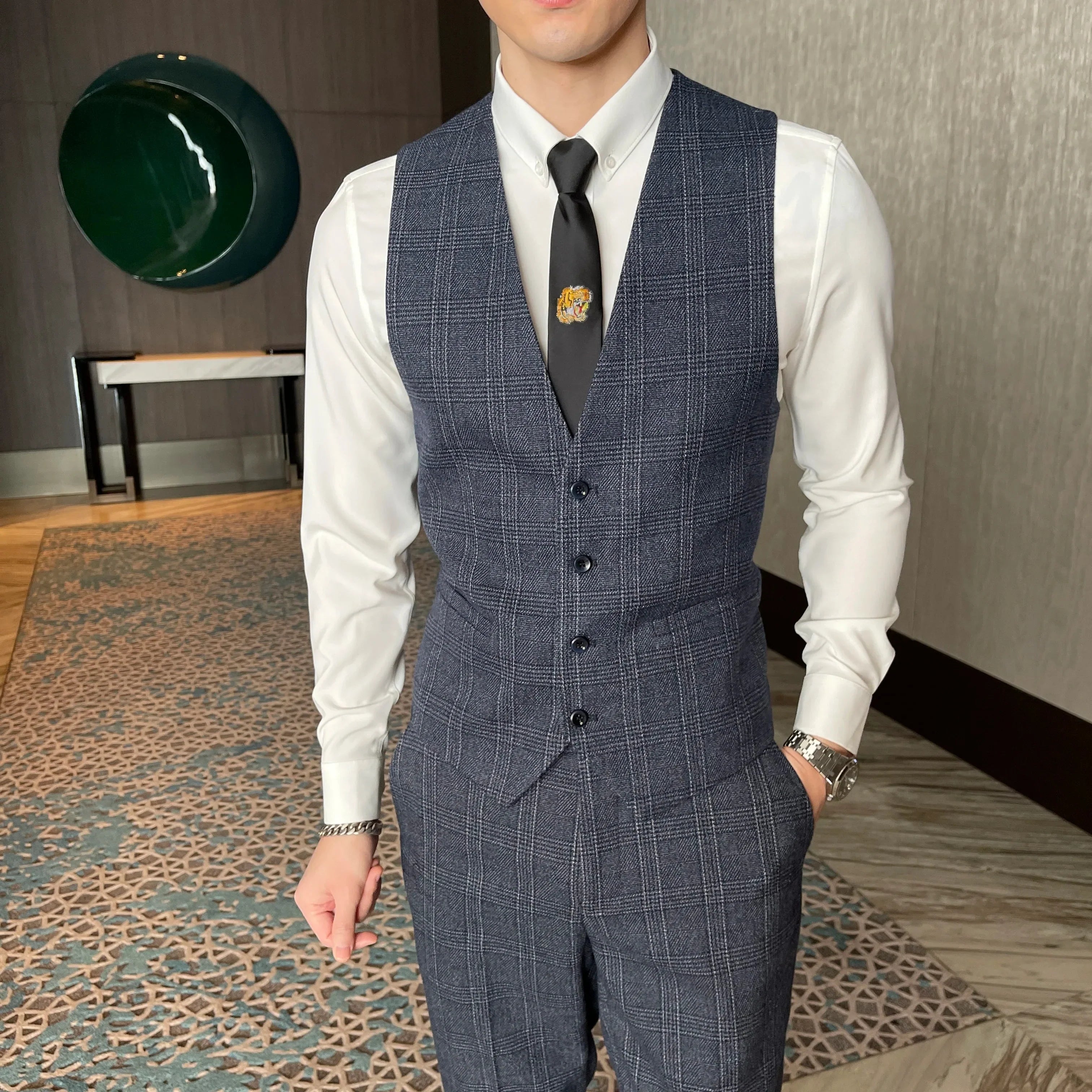 British Modified Plaid Three-Piece Suit for Men - Stylish Business Casual Suit Vest And Trousers Set