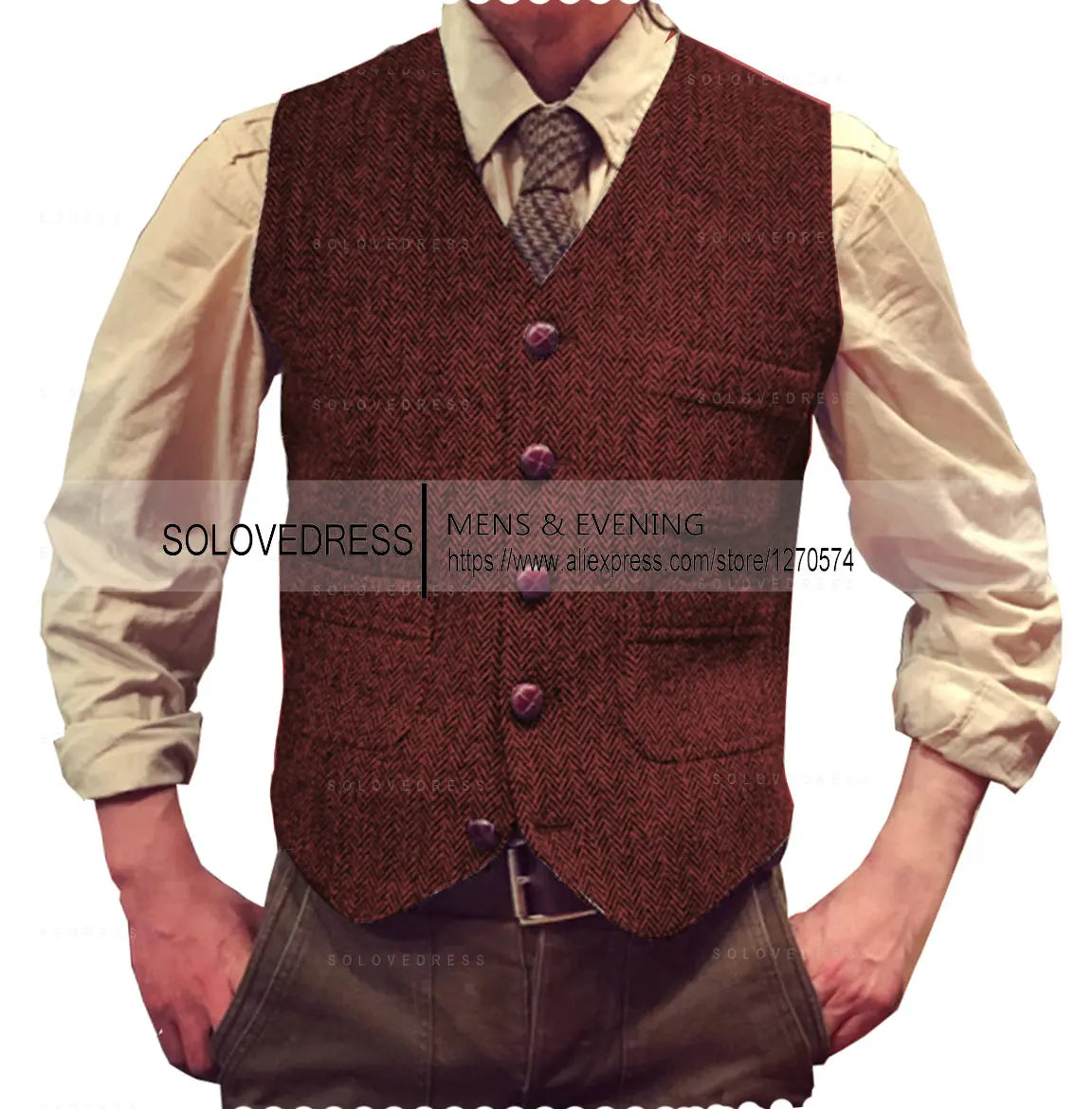 V Neck Men's Suits Vest  Herringbone Tweed  Formal Business Waistcoat Vest For Men For Wedding