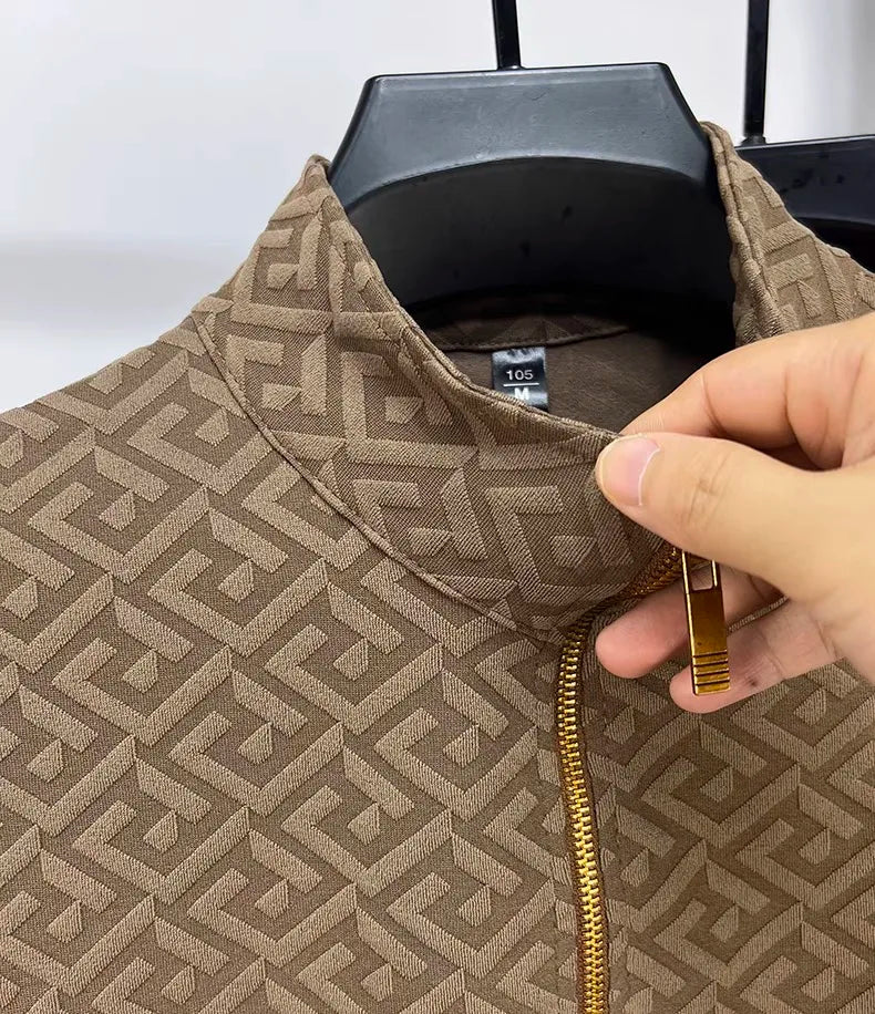 High end brand fashion jacquard long sleeve T-shirt men's casual sweater autumn trend Korean style half zipper collar pullover