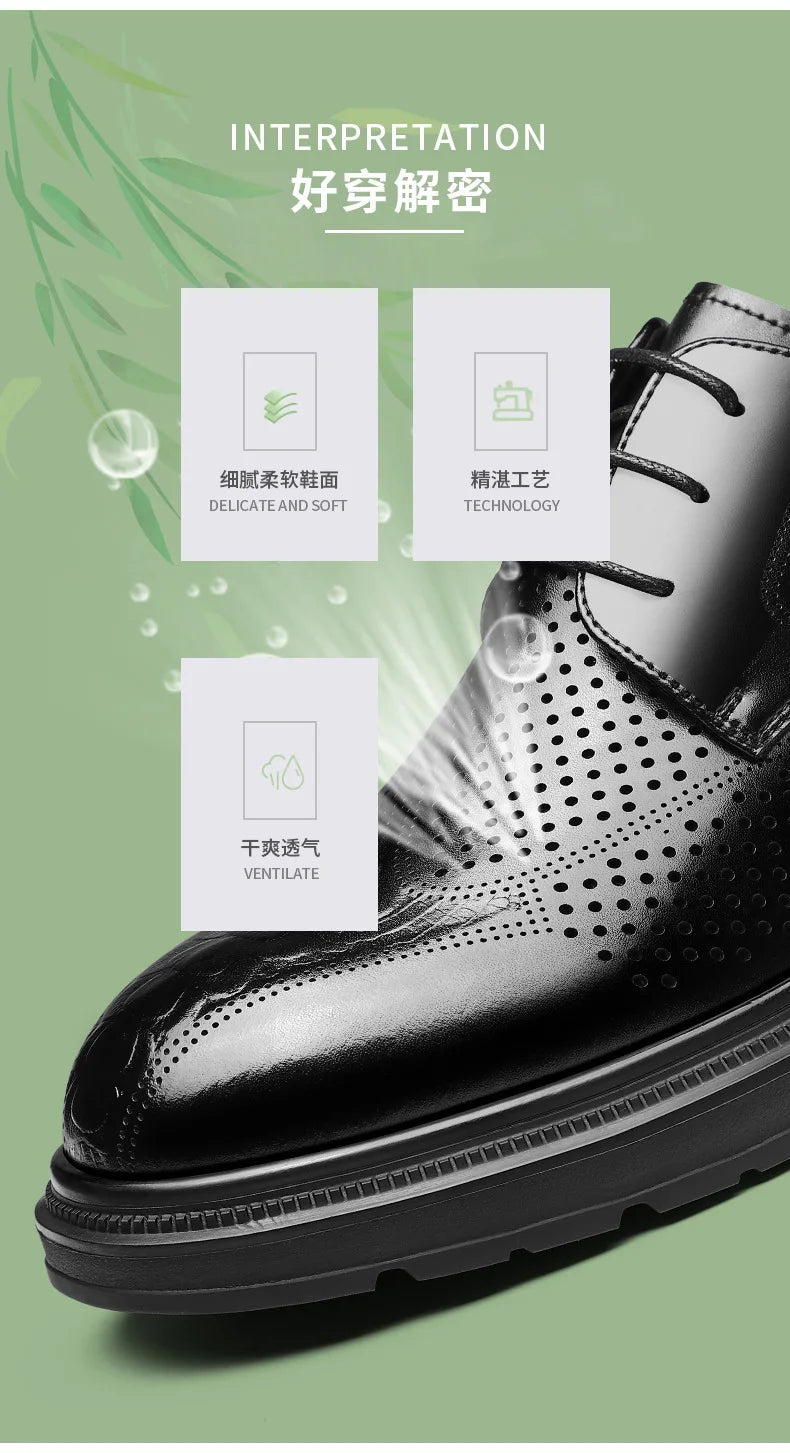2026 Summer New Men's Cow Leather Oxford Shoes Hollow Out Formal Business Dress Shoes Male Non-slip Fashion Platform Shoe Man