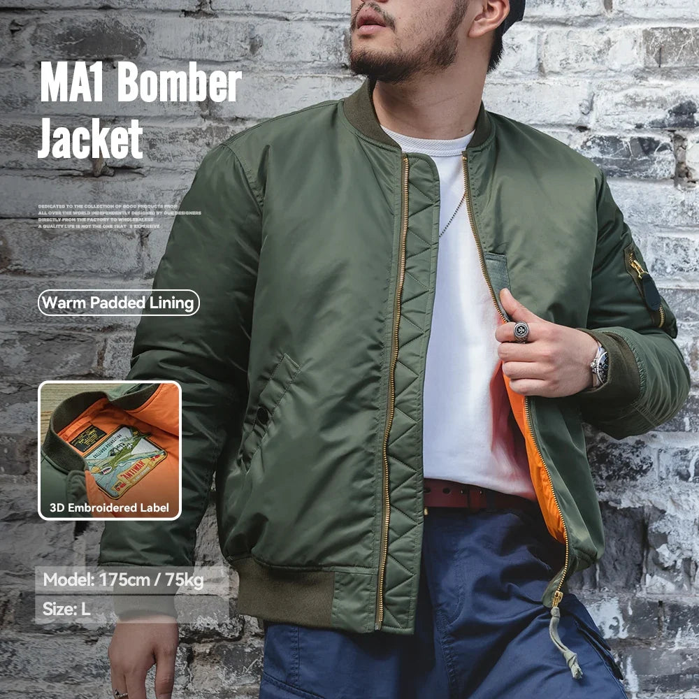 Vintage MA1 Pilot Jacket Green Thickened Cotton-padded Jacket Casual Baseball Pockets Flight Zipper Outwear for Men's Fall