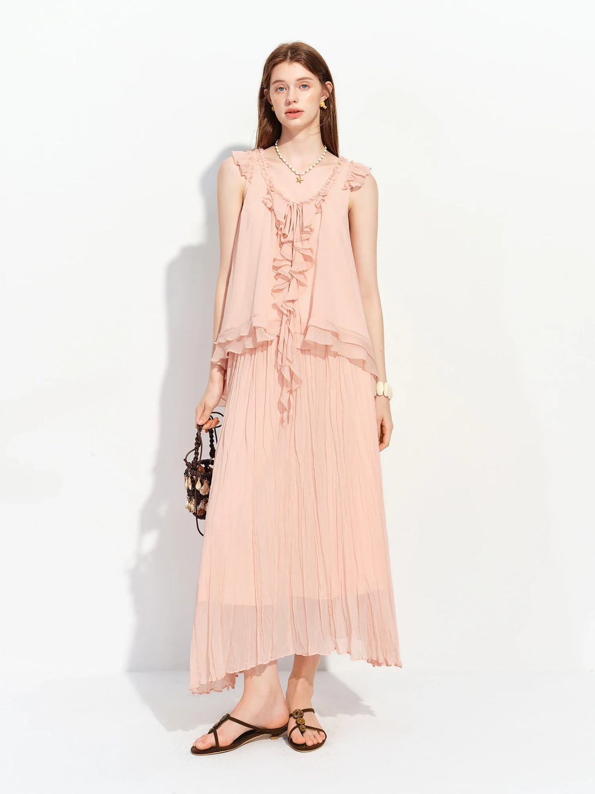 2026 Summer Women's French-Inspired Romantic V-Neck Self-Tie Blouse Ruffle Trim & Matching Separate for Daily