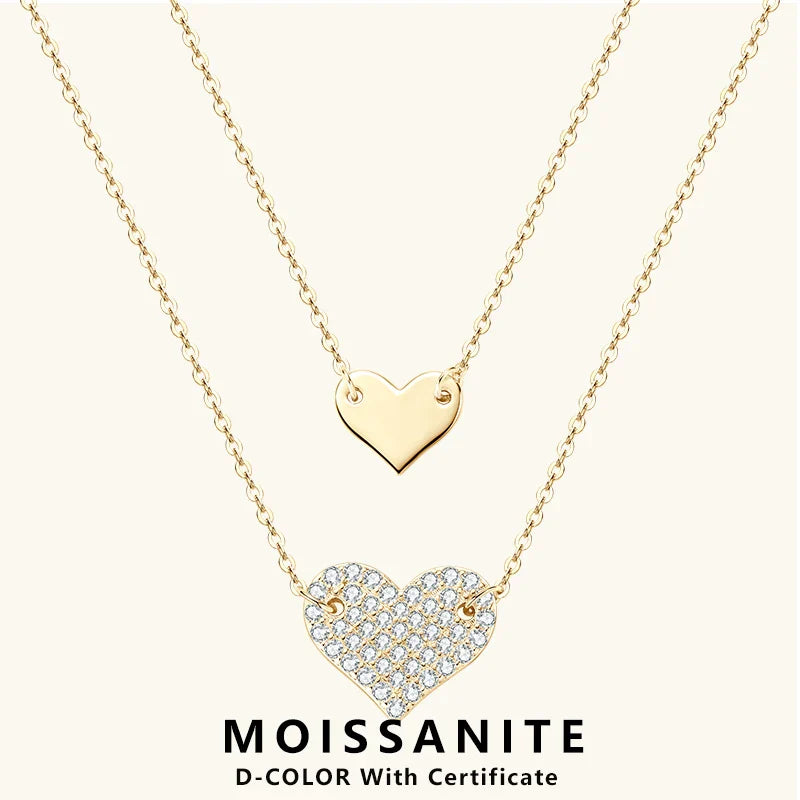 Collar Plata 925 Sterling Silver Heart Pendant Necklace 1.5mm&1.3mm Moissanite Necklaces For Women Double Chain Jewellry