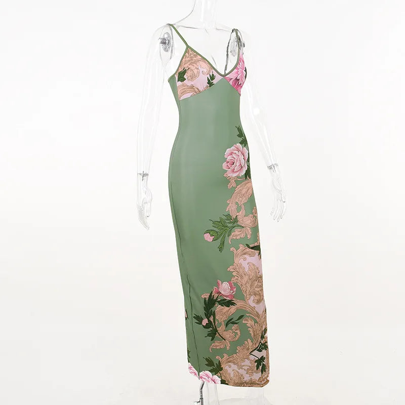 Floral Print Summer Green Dress Womens Fashion Casual Sleeveless V-neck Backless Tunics Bodycon Holiday Beach Dresses Streetwear