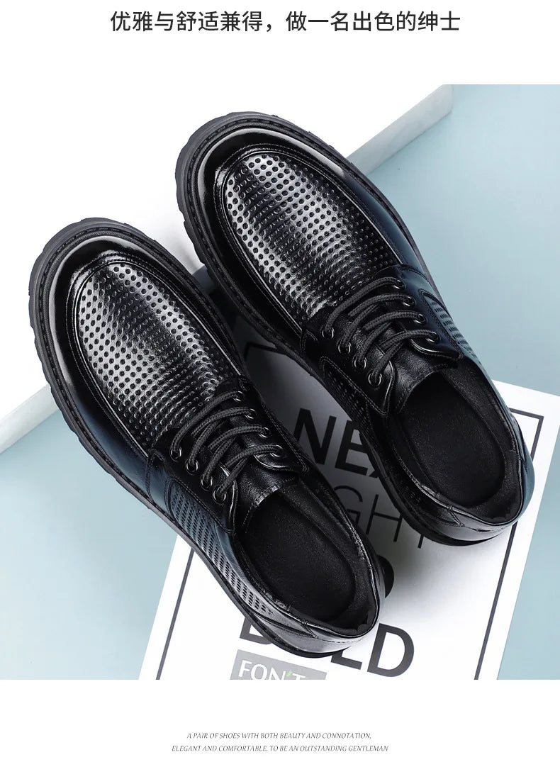 2026 Summer New Hallow Leather Shoes for Men Black Fashion Business Dress Shoes Male Lace Designer Platform Shoe Man