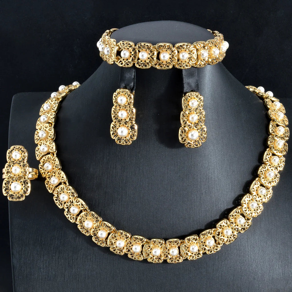 Dubai Luxury Quality Jewelry Set For Women Trend Pearl Necklace Bracelet Ring Earrings Jewelry Set 18k Gold Plated Jewelry