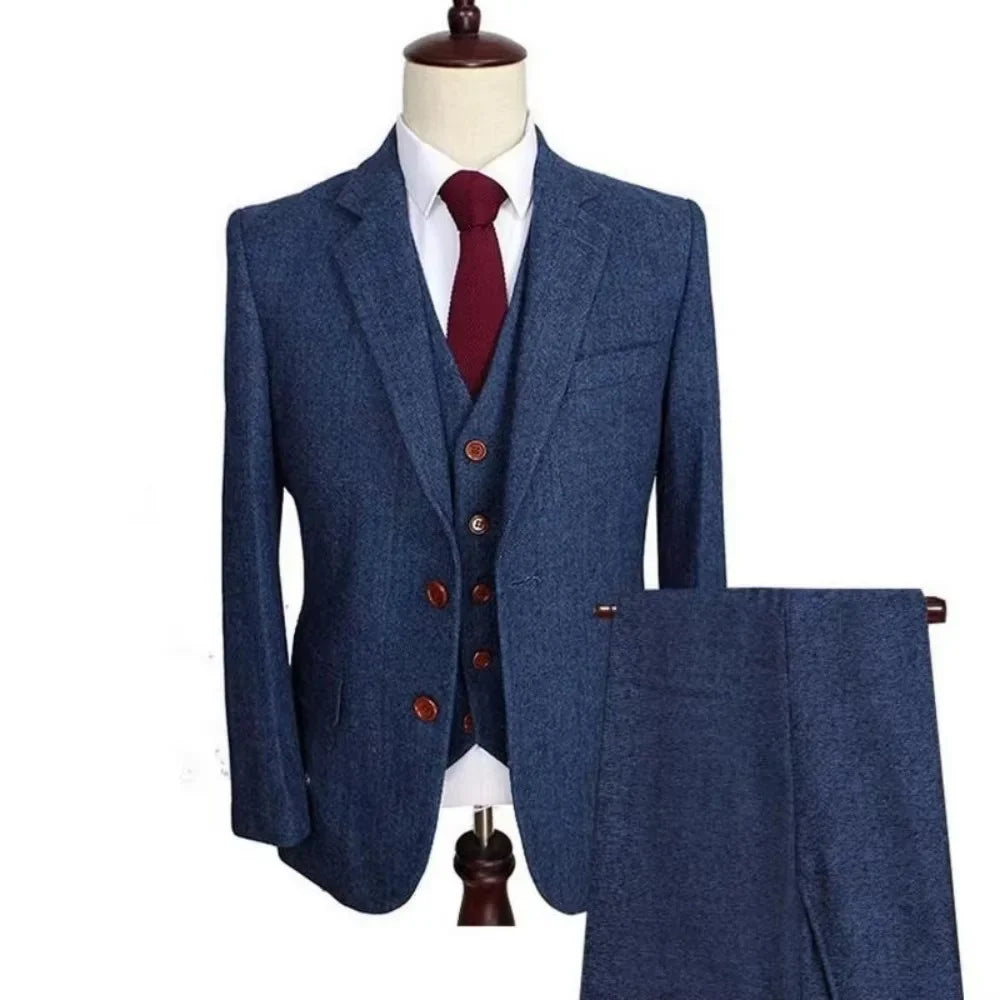 Navy Blue 3 Pieces Mens Business Suits Wool Classic Herringbone Pattern Groom Tweed Tuxedos for Wedding (Blazer+Pants+Vest)