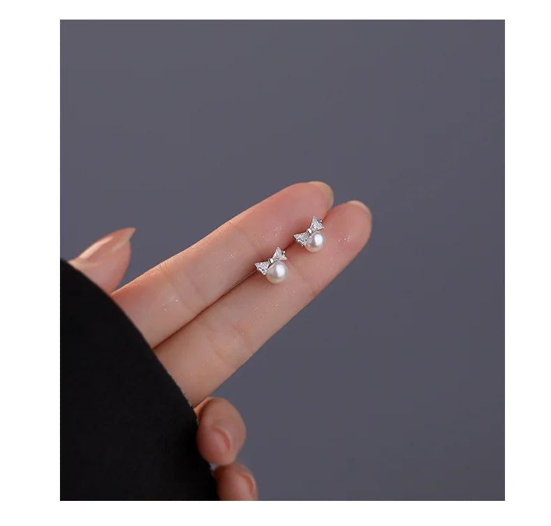 Korea Exquisite Vintage Zircon Pearl Bow Sweet Stud Earrings for Women 925 Sterling Silver Jewelry