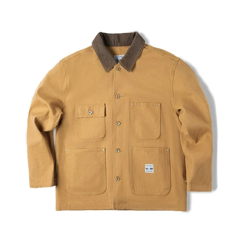 Vintage Heavyweight Michigan Chore Jackets Multi-Pocket Canvas Hunting Coat for Men's Spring Loose Lapel Collar Outwear