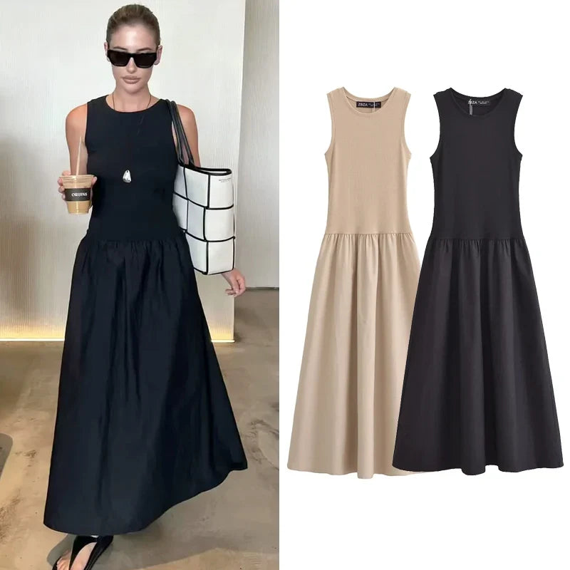 Women's Black Long Dresses 2025 Spring Sleeveless Elegant Dresses Fashion Casual Vintage Party Khaki Dresses Vestidos