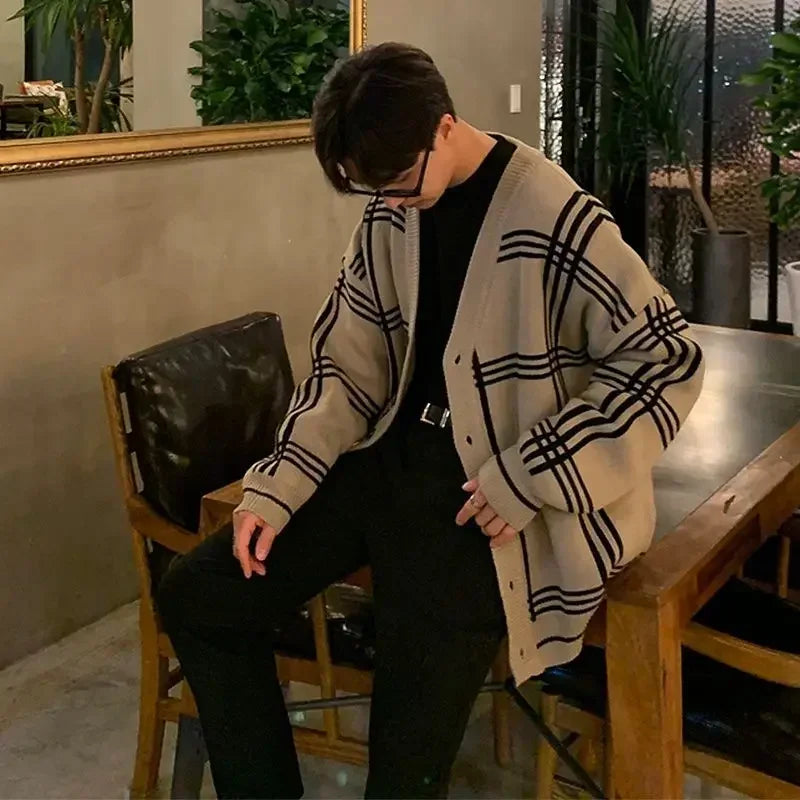 Men's Clothing Cardigan Jacket V Neck Coat Knit Sweater Male Plaid Elegant Casual Long Sleeve 100% Korean 2025 Autumn Classic A