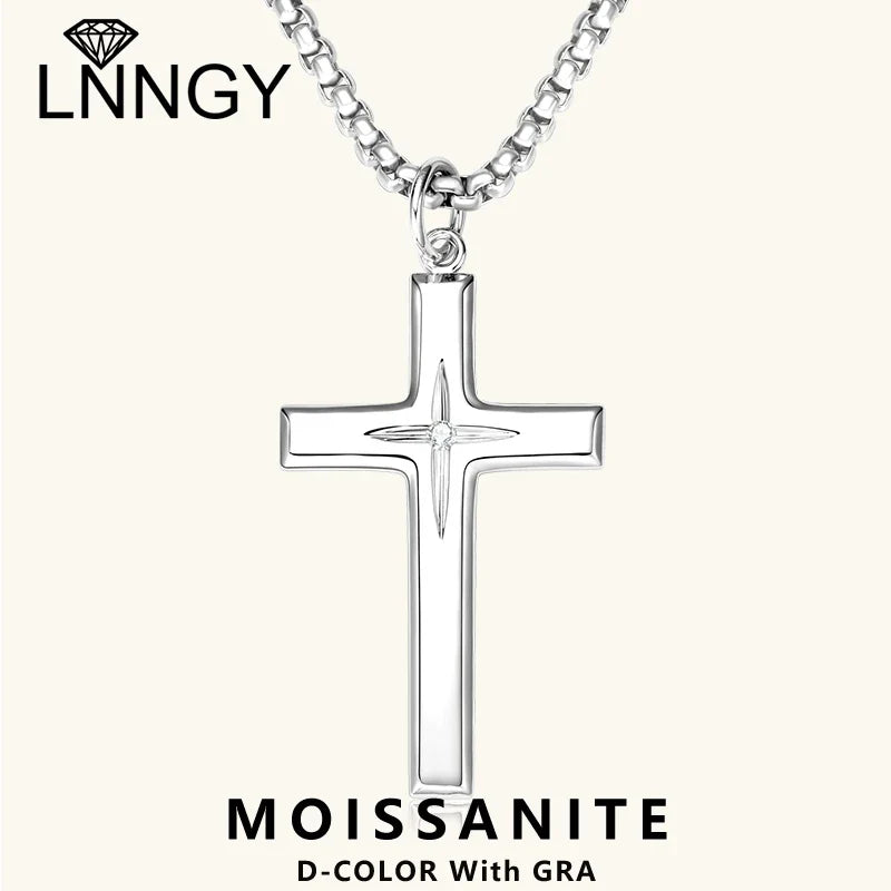 2.2mm Moissanite 925 Sterling Silver Cross Pendant Necklace Stainless Steel Rollo Chain for Men Fashion Party Daily Gift