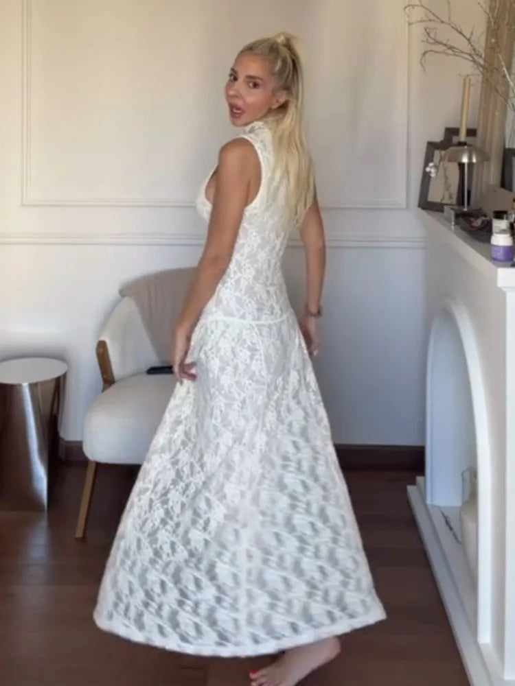 HH Women's Spring Summer Stylish Off‑White High Neck Lace Sleeveless Dress Female Elegant Temperament Zipper Long Party Dress