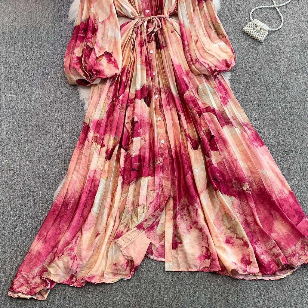 Printed round Ne Lantern Sve Dr Women's Single Button Waist Cinch Maxi Skirt Long Dr Commute Sle Autumn