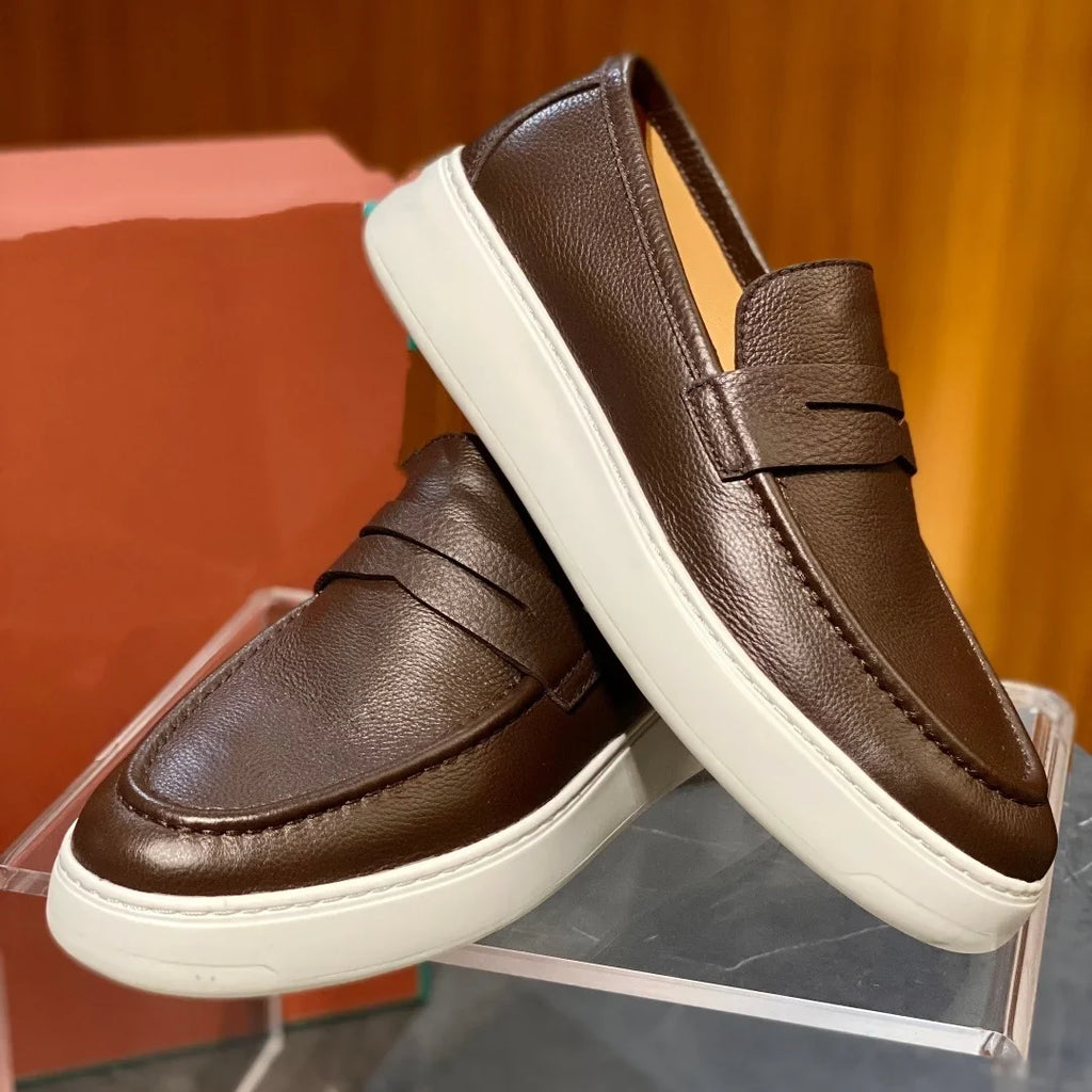 2026 New Men Genuine Grain Leather Penny Loafers Slip On Platform Non Slip Soft Sole Business Casual Driving Daily Walking Shoes