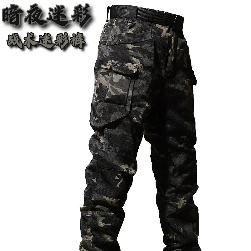 Autumn Tactical Sets Men Outdoor Breathable Short Sleeve Tshirt+Waterproof Straight Pant 2 Pcs Suits Camo Multi-pocket Cargo Set