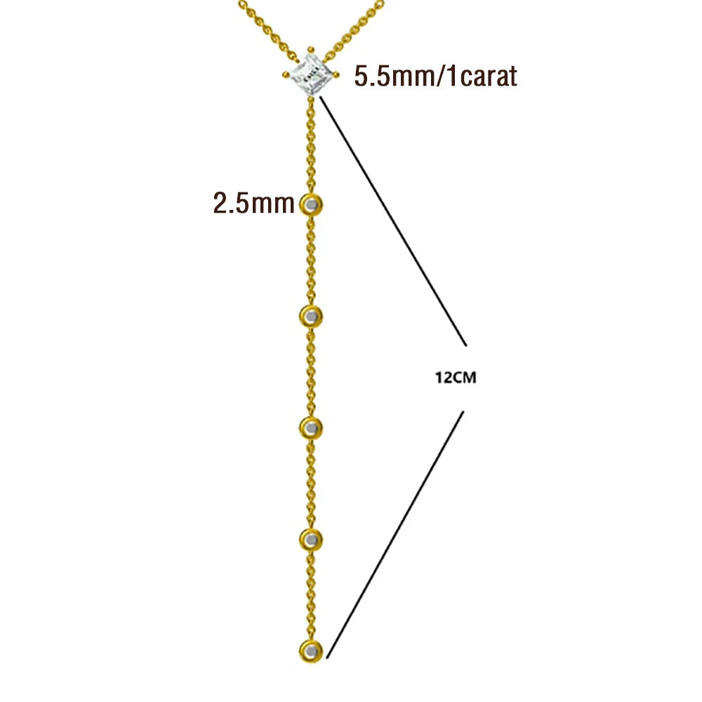 1carat Princess Cut Moissanite Lariat Necklace with Round Bubble Pendant Necklace Y-shape S925 Silver Square Neckchain for Women