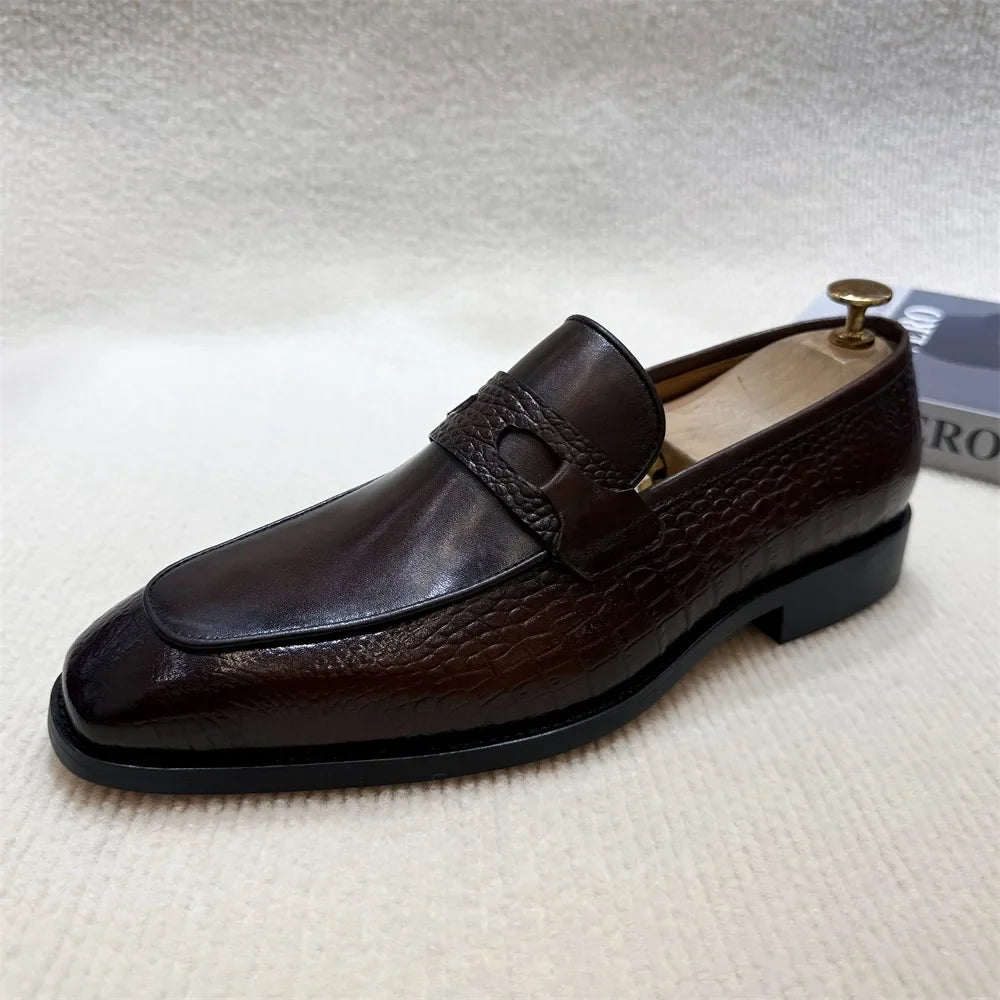 Luxury Men's Genuine Leather Dress Shoes Crocodile Print Wedding Loafers Double Buckle Business Office Formal Slip-On Shoes