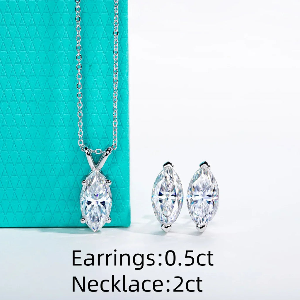 2-5ct Marquise Moissanite Necklace 0.5-3ct Earrings 925 Sterling Silver 18k Gold Plated Wedding Jewelry Set for Woman