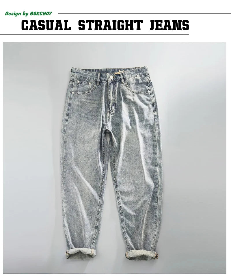 Summer Spring New Cotton Vintage Casual Jeans for Men Clothing Washed Soft Loose Straight Man Pants Baggy Jeans KK1056