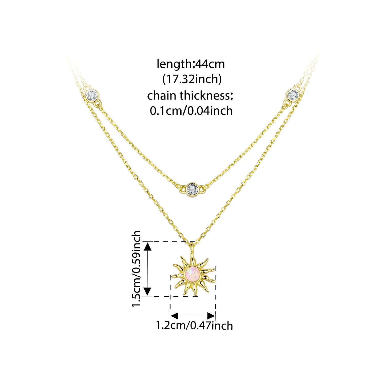 925 Sterling Silver Pink Opal Sun Double-layer Necklace Link Chain with Zircons 18K Gold Plated Pendant for Mother's Gift