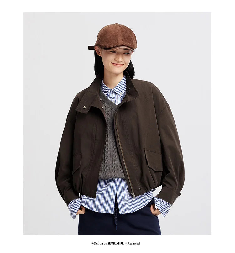 Women Jacket Solid Stand Collar Bubble Hem Oversize Dropped Shoulder Casual Style Autumn Outerwear Daily Wear 2026