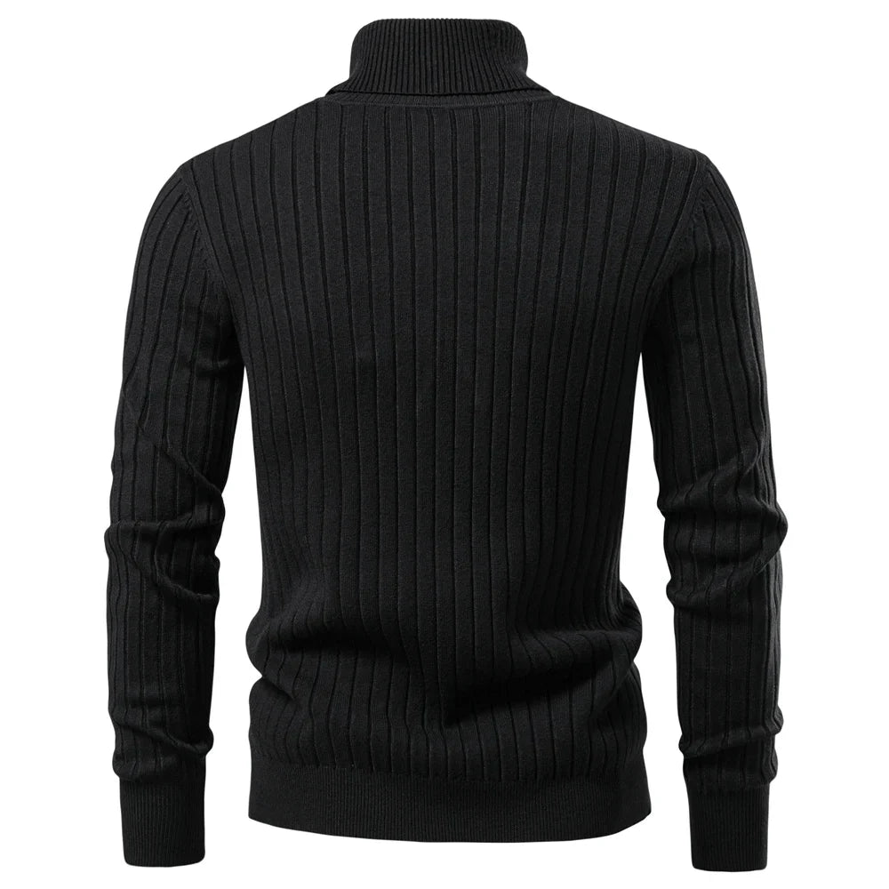 Men's Turtleneck Sweater Solid Color with Striped Pullover Warm Knitwear Winter Basic Casual High Quality Sweater Male