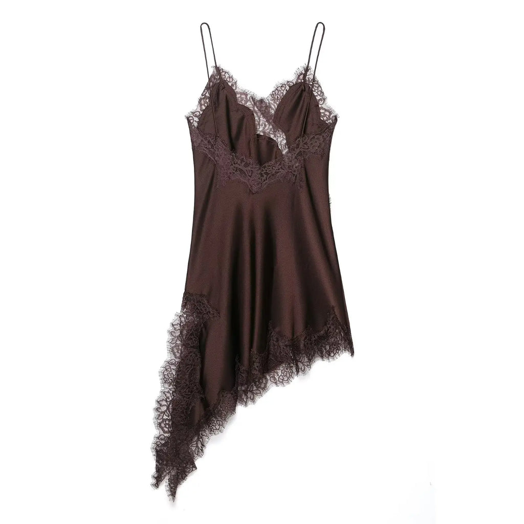 Summer Women Fashion Asymmetry Lace Decorate Dress Female Sexy Sleeveless Backless Halter Neck Collar Beach Party Dress