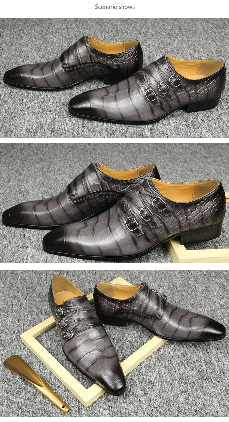 Fashion Business Men Leather Shoes Crocodile Print Wedding Party Office High Grade Genuine Leather Shoes Grey Pointed Toe Loafer